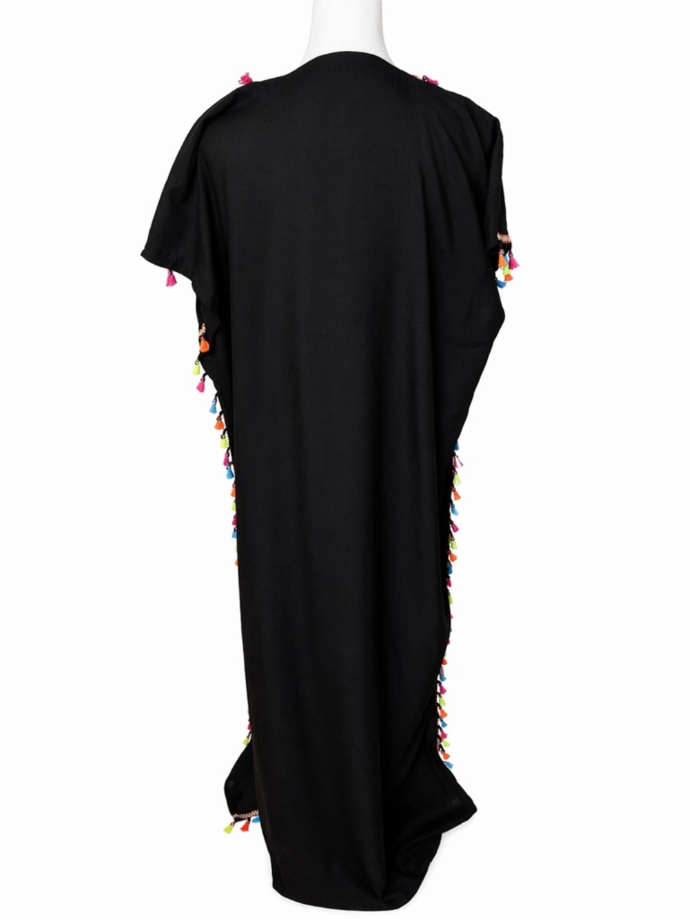 Black Embroidered Caftan Cover-Up with Multicolor Tassels - Picture 3 of 3